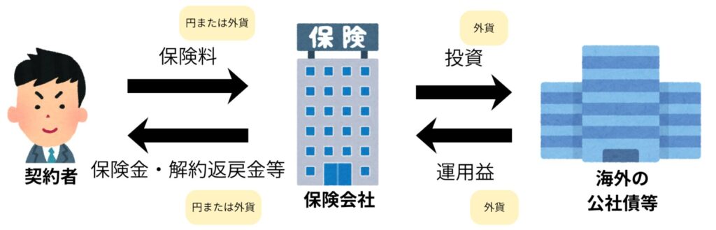 ドル建て保険の契約者・保険会社・運用の仕組みを示した図