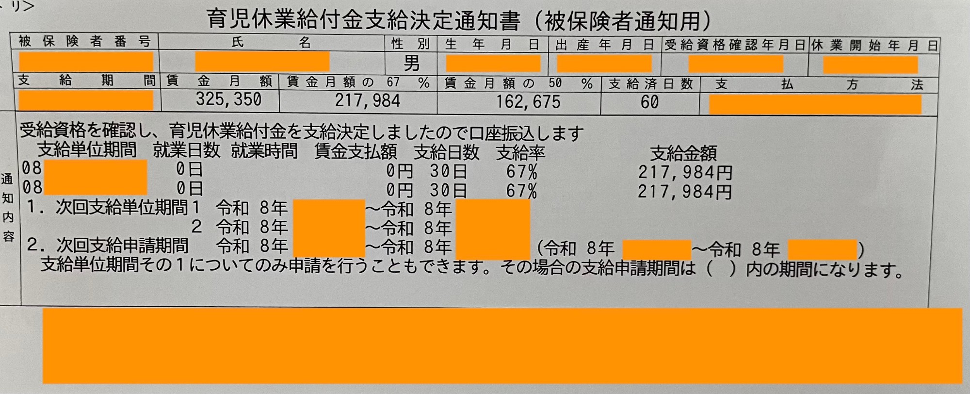 育児休業給付金支給決定通知書。賃金月額325,350円、67%は217,984円、50%は162,675円と記載されている